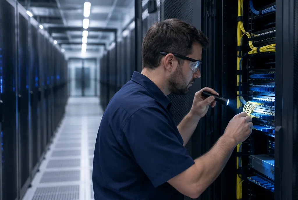 An ICT engineer checking fibre connections on an open rack in a Data Center